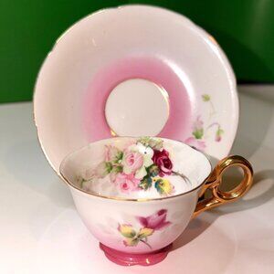 Occupied Japan Pink Floral Demitasse Cup Saucer Gold Handle W Mark VTG 1945–1952